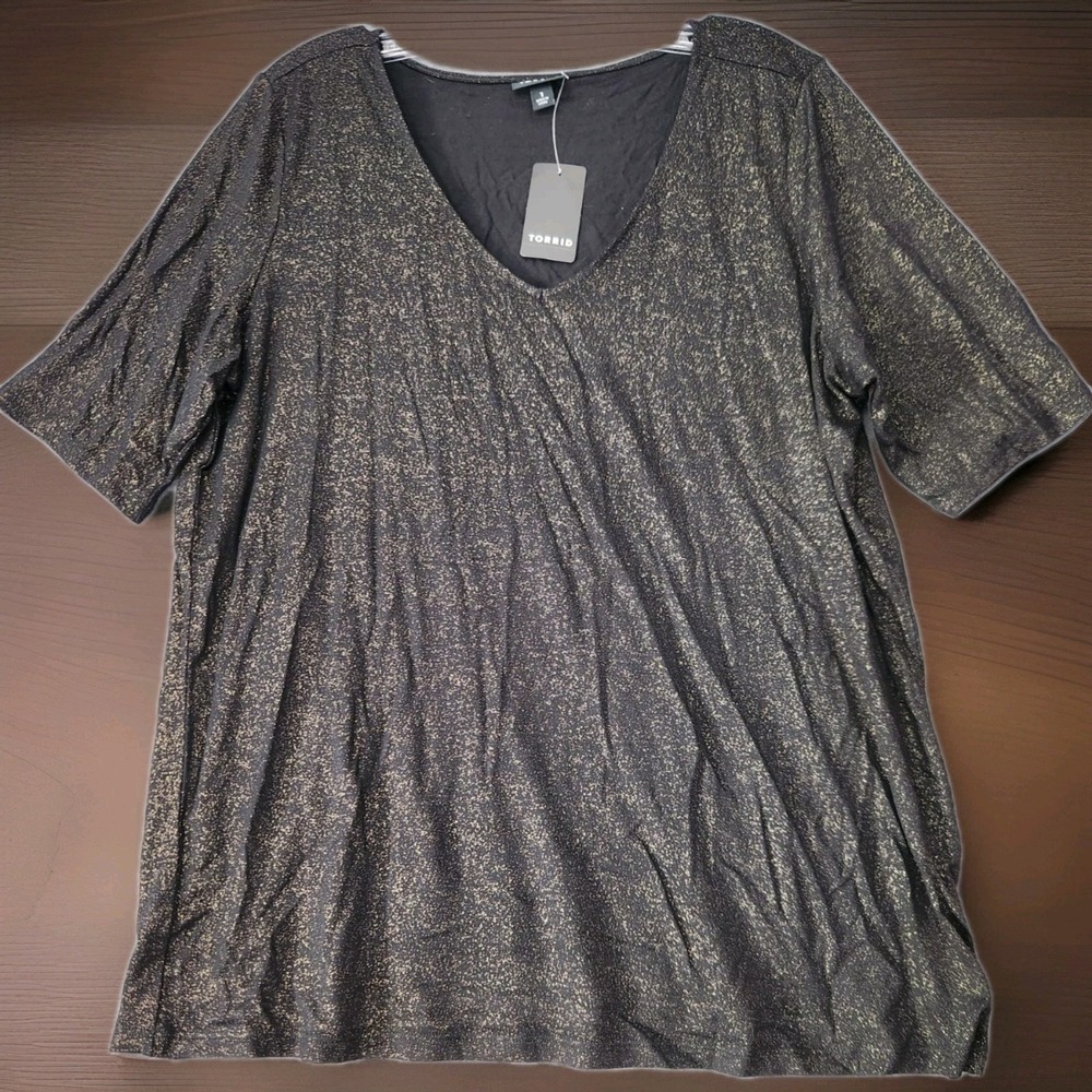 NWT Torrid Top Womens 1X Black Gold Sparkle Jersey Puff Sleeve Glam Feminine Top